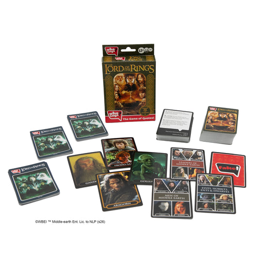 Who Says? Lord of the Rings -  Box and sample cards shown including character cards and quote cards. 