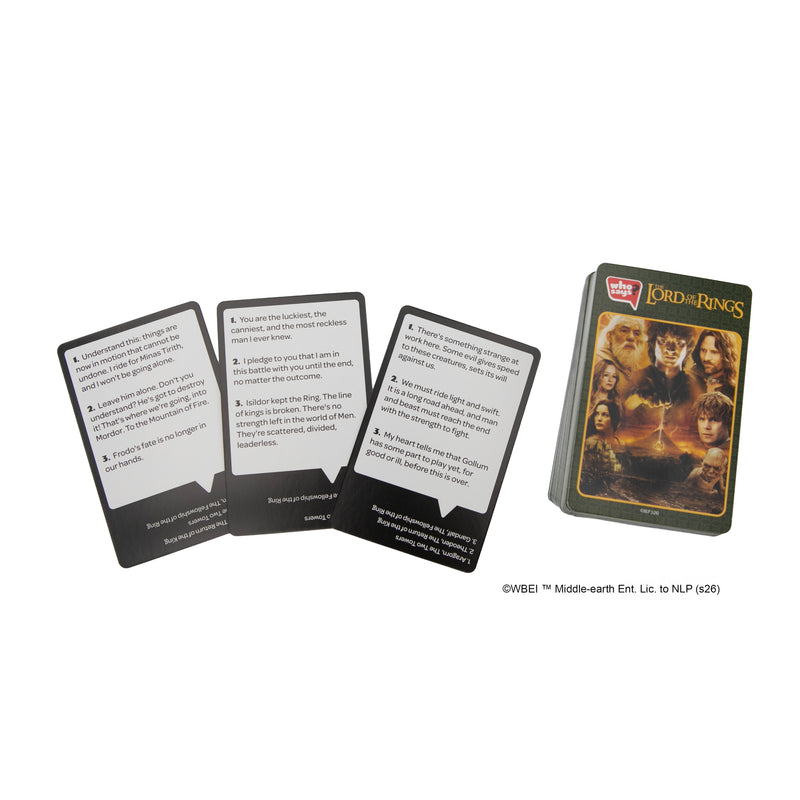 Load image into Gallery viewer, Who Says? Lord of the Rings -Three sample quote cards displayed with answers written upside down on the bottom of the card. 
