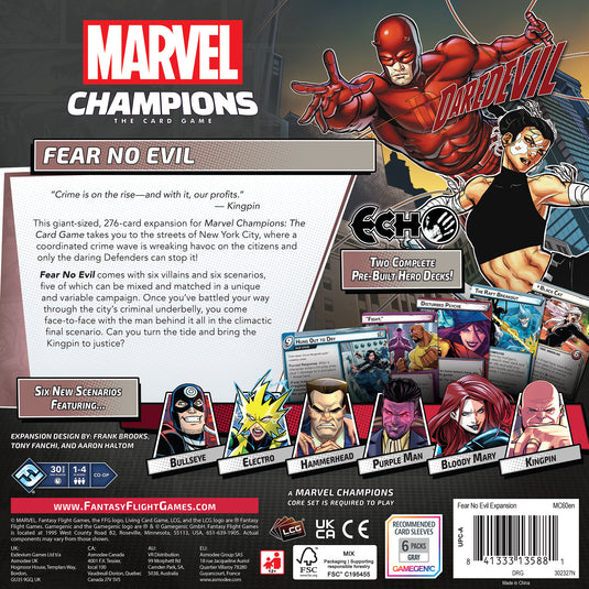 Marvel Champions: The Card Game - Fear No Evil Expansion - back of box with overview, and images of sample components.
