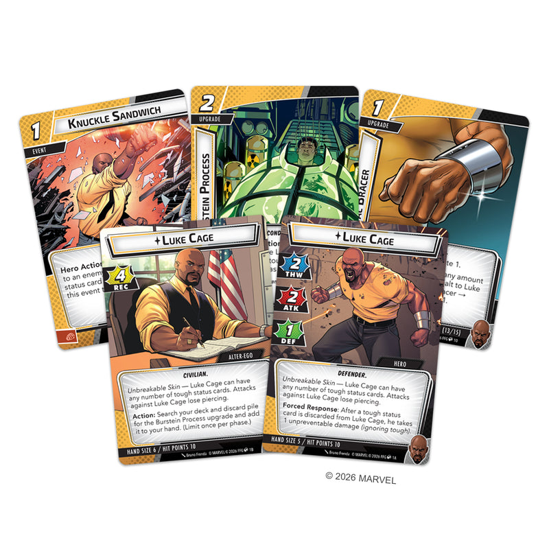 Load image into Gallery viewer, Marvel Champions: The Card Game - Luke Cage Hero Pack - Luke Cage Hero, Alter-Ego, and Upgrade cards shown with different special actions listed. 

