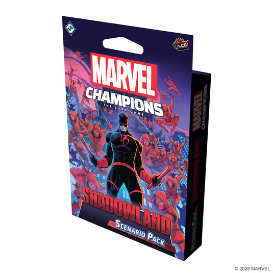 Marvel Champions: The Card Game - Shadowland Scenario Pack - Front of packaging with comic style art of marvel characters. 