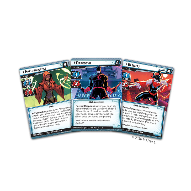 Load image into Gallery viewer, Marvel Champions: The Card Game - Sample cards shown including Daredevil, Elektra, and Archpriestess cards.
