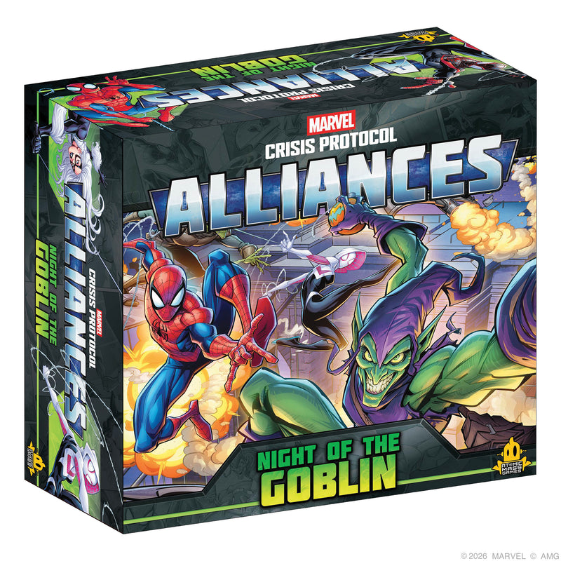 Load image into Gallery viewer, Marvel: Crisis Protocol Alliances - Night of the Goblin - Front of box featuring art of Spider-Man and Green Goblin. 
