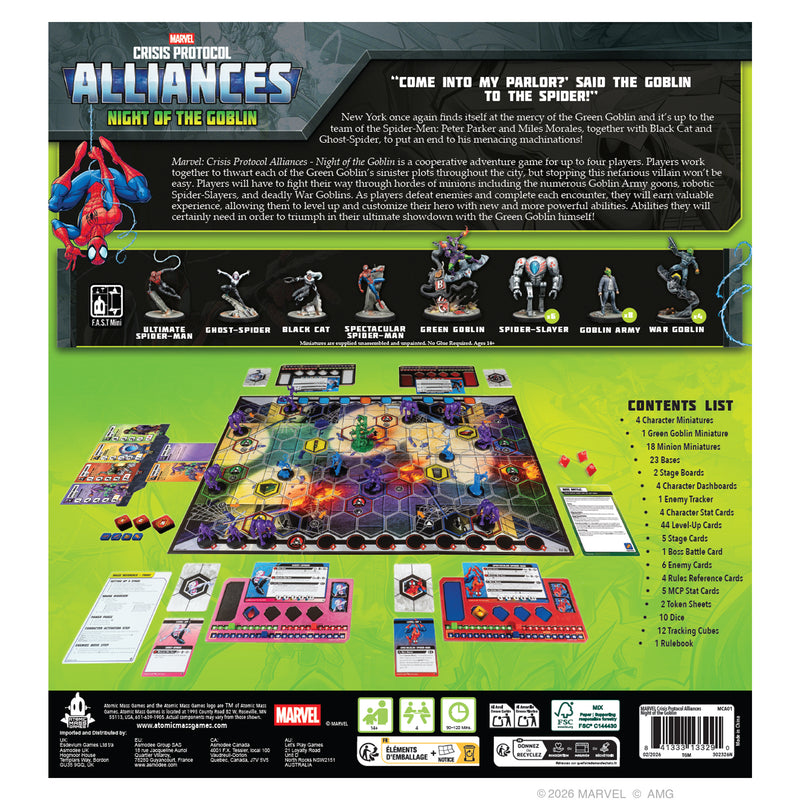 Load image into Gallery viewer, Marvel: Crisis Protocol Alliances - Night of the Goblin - Back of box with overview, contents list, images of miniatures, and image of game board. 
