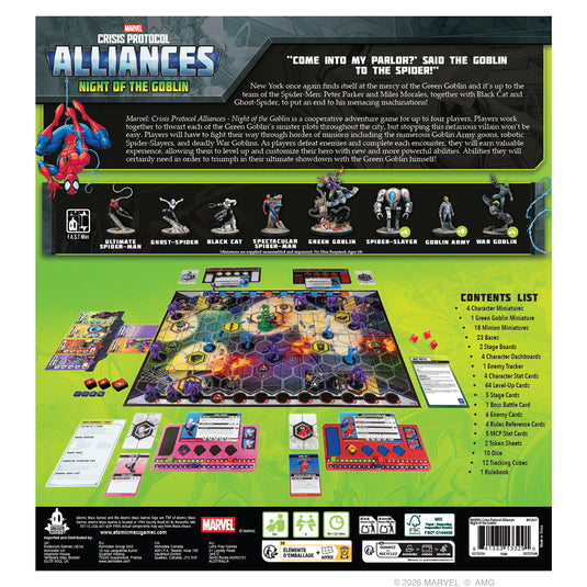 Marvel: Crisis Protocol Alliances - Night of the Goblin - Back of box with overview, contents list, images of miniatures, and image of game board. 