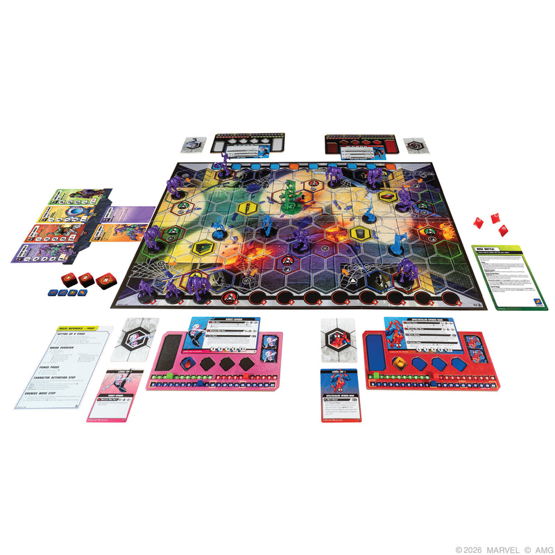Load image into Gallery viewer, Marvel: Crisis Protocol Alliances - Night of the Goblin - Setup game displayed including game board with hex map, character cards, and dice. 
