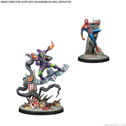 Marvel: Crisis Protocol Alliances - Night of the Goblin - Sample Green Goblin and Spider-Man miniatures displayed with note that miniatures are supplied unassembled and unpainted. 