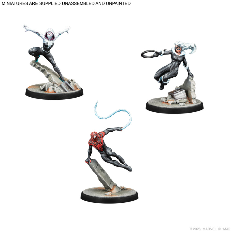 Load image into Gallery viewer, Marvel: Crisis Protocol Alliances - Night of the Goblin - Ghost Spider, Black Cat, and Spider-Man miniatures displayed with note that miniatures are supplied unassembled and unpainted. 
