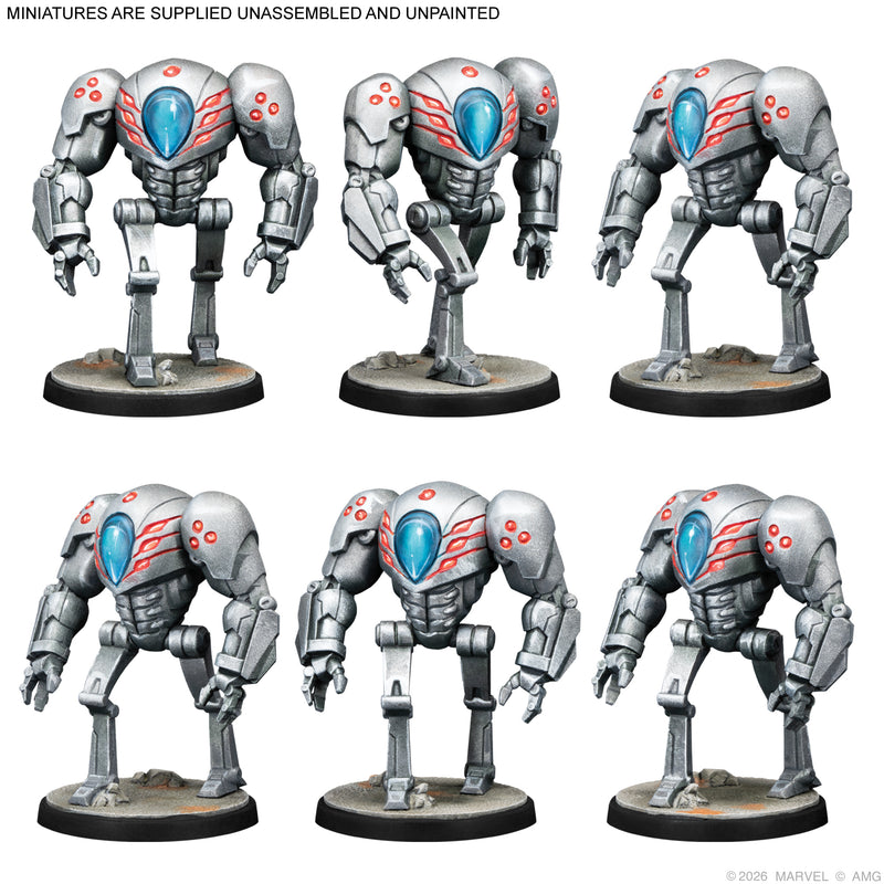 Load image into Gallery viewer, Marvel: Crisis Protocol Alliances - Night of the Goblin - Spider-slayer miniatures displayed with note that miniatures are supplied unassembled and unpainted. 
