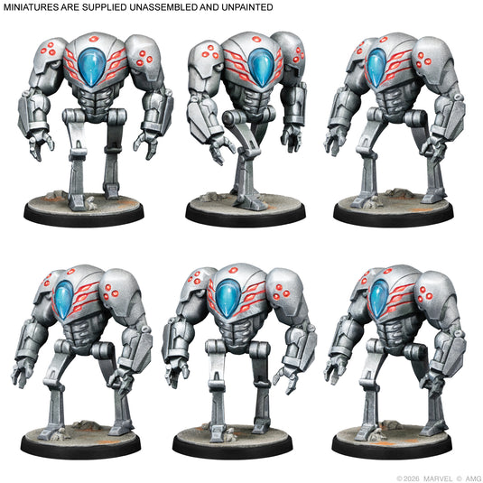 Marvel: Crisis Protocol Alliances - Night of the Goblin - Spider-slayer miniatures displayed with note that miniatures are supplied unassembled and unpainted. 