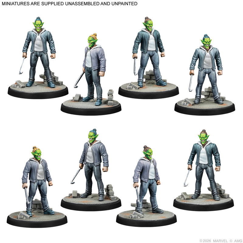 Load image into Gallery viewer, Marvel: Crisis Protocol Alliances - Night of the Goblin - Goblin army goons miniatures displayed with note that miniatures are supplied unassembled and unpainted. 
