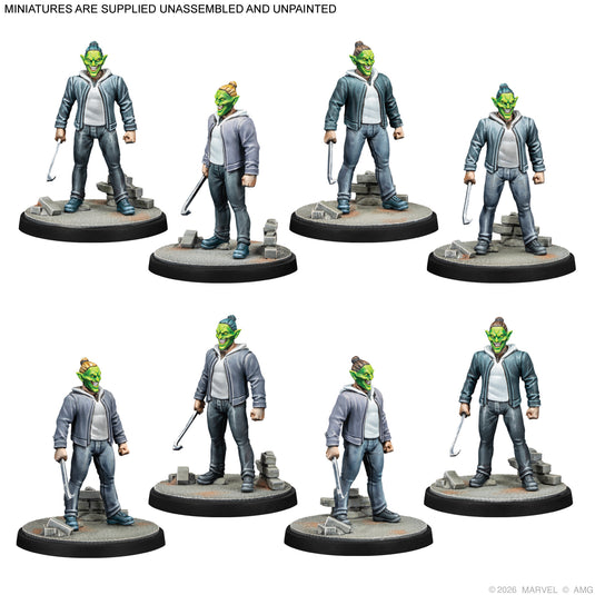 Marvel: Crisis Protocol Alliances - Night of the Goblin - Goblin army goons miniatures displayed with note that miniatures are supplied unassembled and unpainted. 