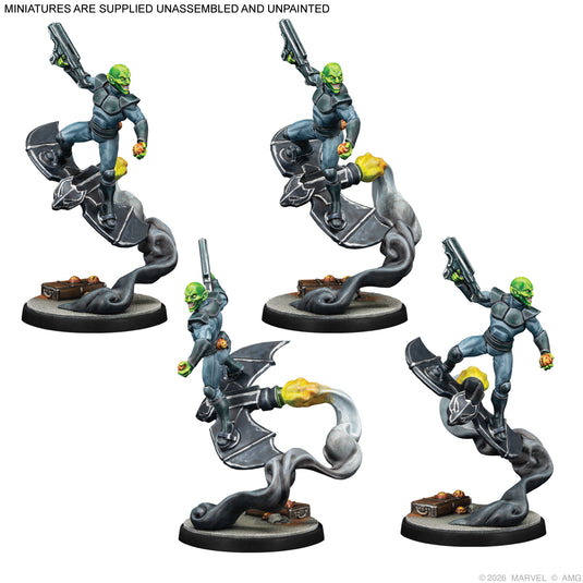 Marvel: Crisis Protocol Alliances - Night of the Goblin - War Goblins miniatures displayed with note that miniatures are supplied unassembled and unpainted. 