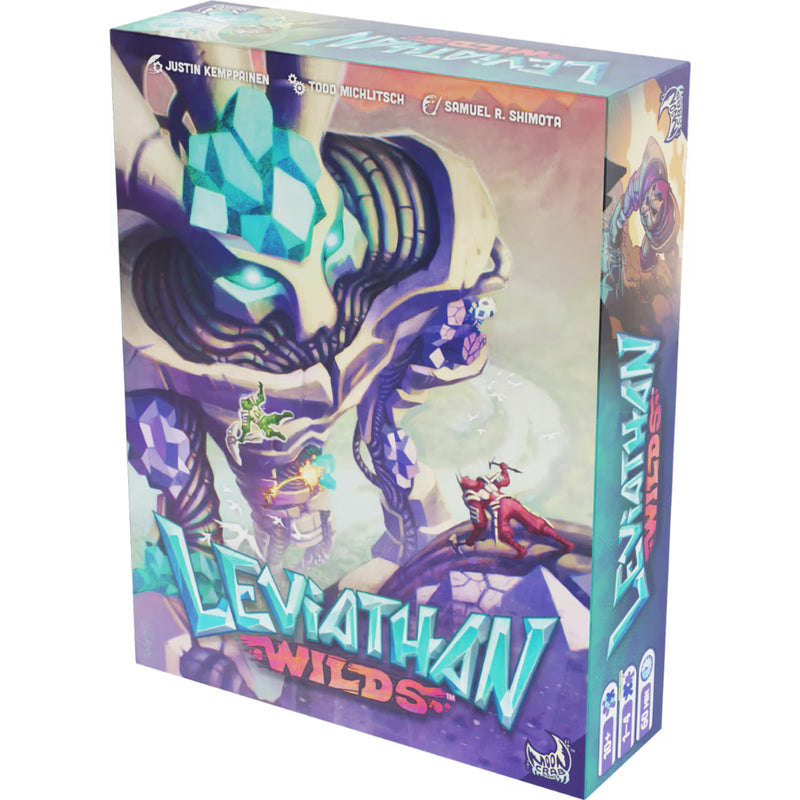 Load image into Gallery viewer, Leviathan Wilds Board Game - front of box featuring art of people with climbing picks fighting a giant stone monster.
