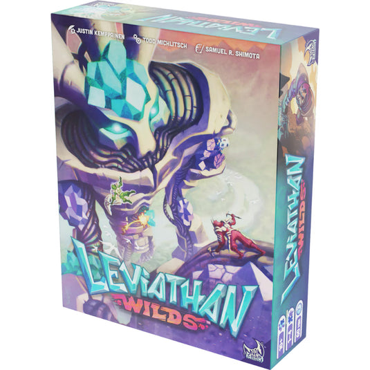 Leviathan Wilds Board Game - front of box featuring art of people with climbing picks fighting a giant stone monster.