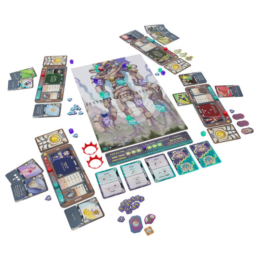 Leviathan Wilds Board Game - setup game displayed including spiral bound book of leviathan,  dice, player boards, tokens, and game cards.