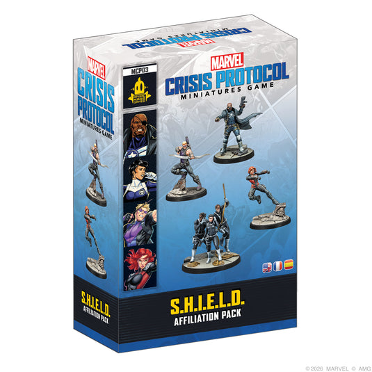 Marvel: Crisis Protocol – S.H.I.E.L.D Affiliation Pack - front of box featuring images of included miniatures.
