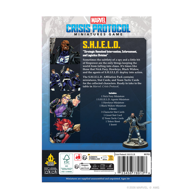 Load image into Gallery viewer, Marvel: Crisis Protocol – S.H.I.E.L.D Affiliation Pack - back of box with overview and contents list.
