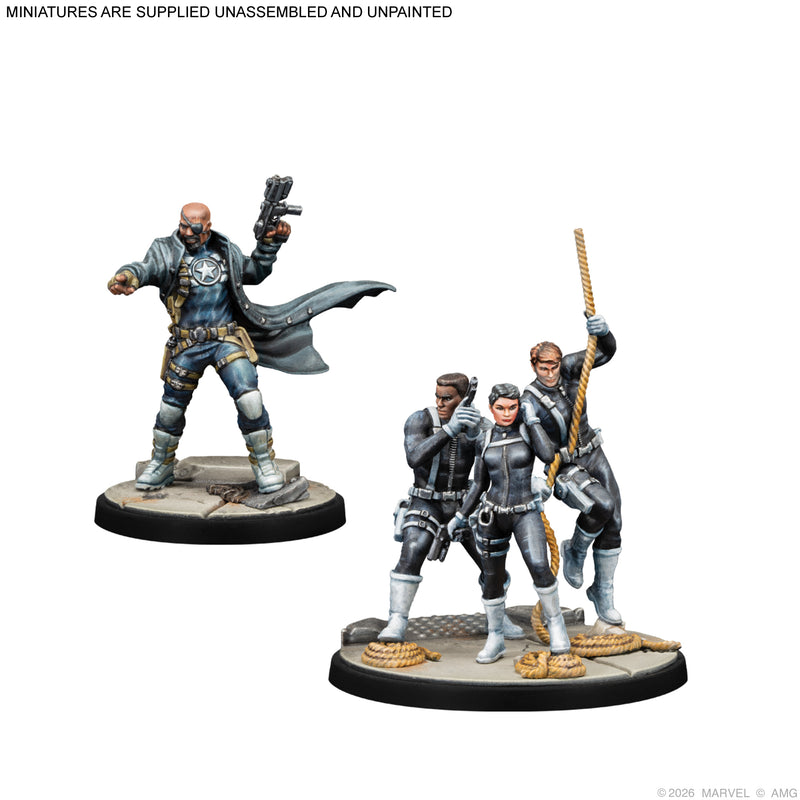 Load image into Gallery viewer, Marvel: Crisis Protocol – S.H.I.E.L.D Affiliation Pack - Nick Fury and S.H.I.E.L.D. agents miniatures shown with note that miniatures are supplied unassembled and unpainted.
