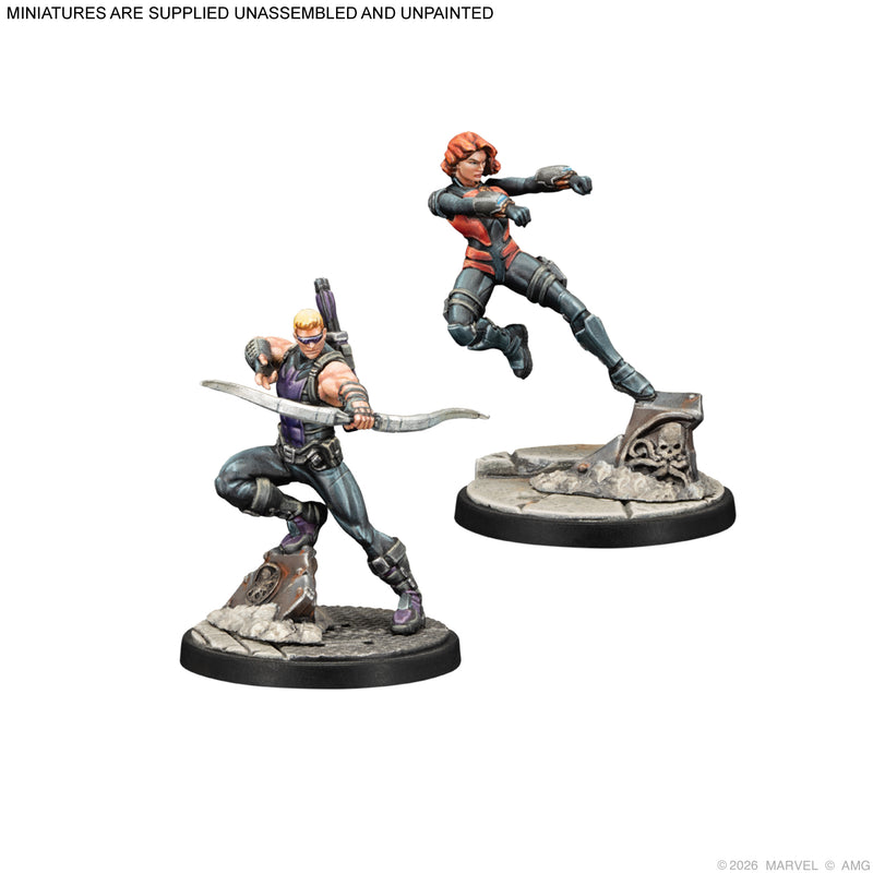 Load image into Gallery viewer, Marvel: Crisis Protocol – S.H.I.E.L.D Affiliation Pack - Hawkeye and Black Widow miniatures shown with note that miniatures are supplied unassembled and unpainted.
