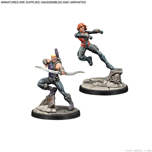 Marvel: Crisis Protocol – S.H.I.E.L.D Affiliation Pack - Hawkeye and Black Widow miniatures shown with note that miniatures are supplied unassembled and unpainted.