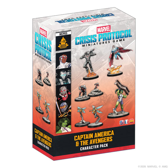 Marvel: Crisis Protocol – Captain America & The Avengers Character Pack - Front of packaging with images of  Sam Wilson Captain America, War Machine, Ant-Man, Wasp, and She-Hulk miniatures. 