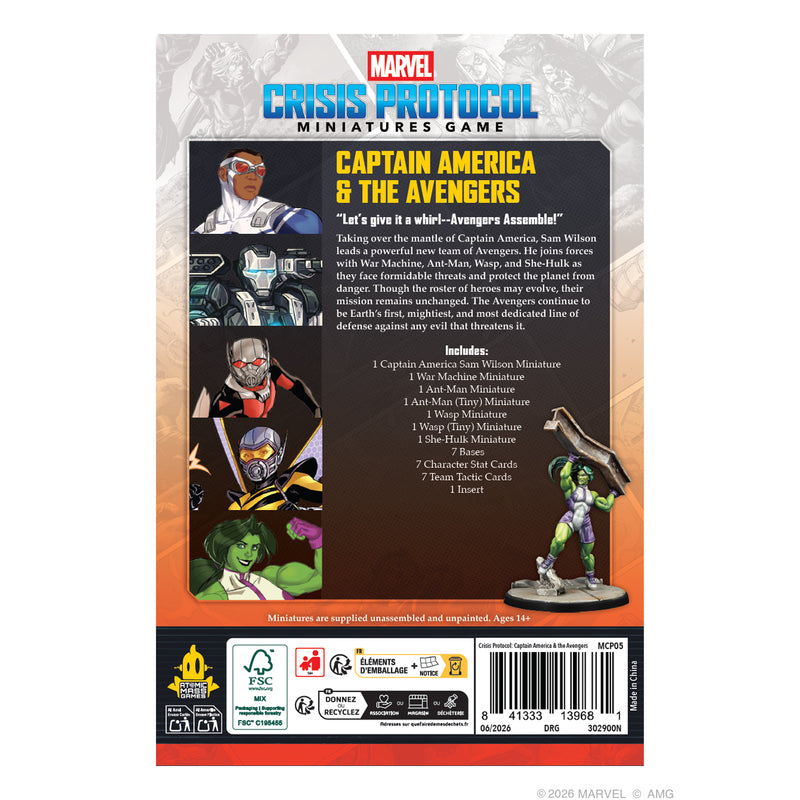 Load image into Gallery viewer, Marvel: Crisis Protocol – Captain America &amp; The Avengers Character Pack - Back of packaging with game overview, contents list, and image of She-Hulk miniature. 
