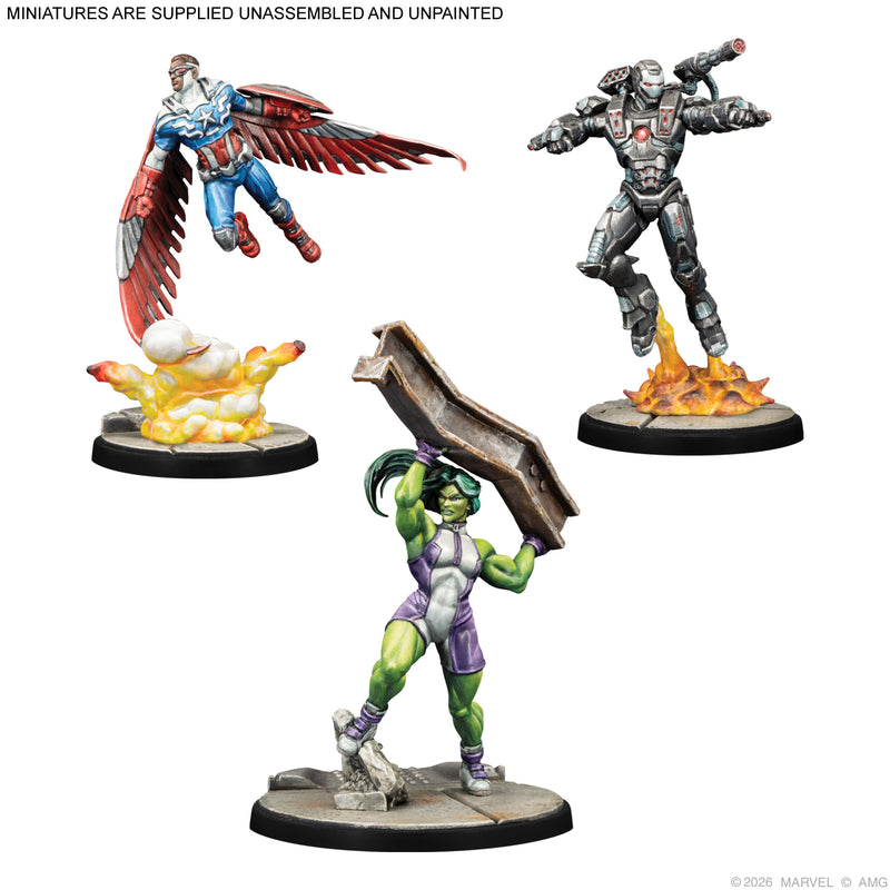 Load image into Gallery viewer, Marvel: Crisis Protocol – Captain America &amp; The Avengers Character Pack - Painted Sam Wilson Captain America, War Machine and She-Hulk miniatures displayed with note that miniatures are supplied unassembled and unpainted. 
