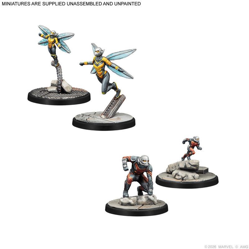 Load image into Gallery viewer, Marvel: Crisis Protocol – Captain America &amp; The Avengers Character Pack - Painted Ant-Man and Wasp miniatures displayed with note that miniatures are supplied unassembled and unpainted. 
