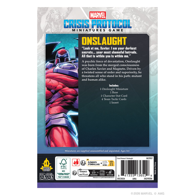 Load image into Gallery viewer, Marvel: Crisis Protocol - Onslaught - Back of box with overview, contents list, and barcode. 
