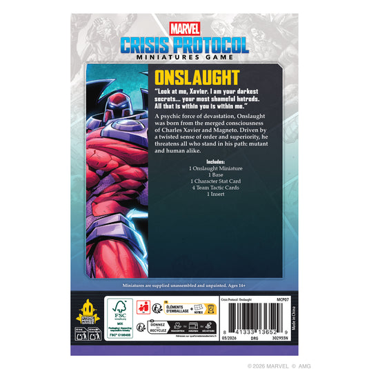 Marvel: Crisis Protocol - Onslaught - Back of box with overview, contents list, and barcode. 