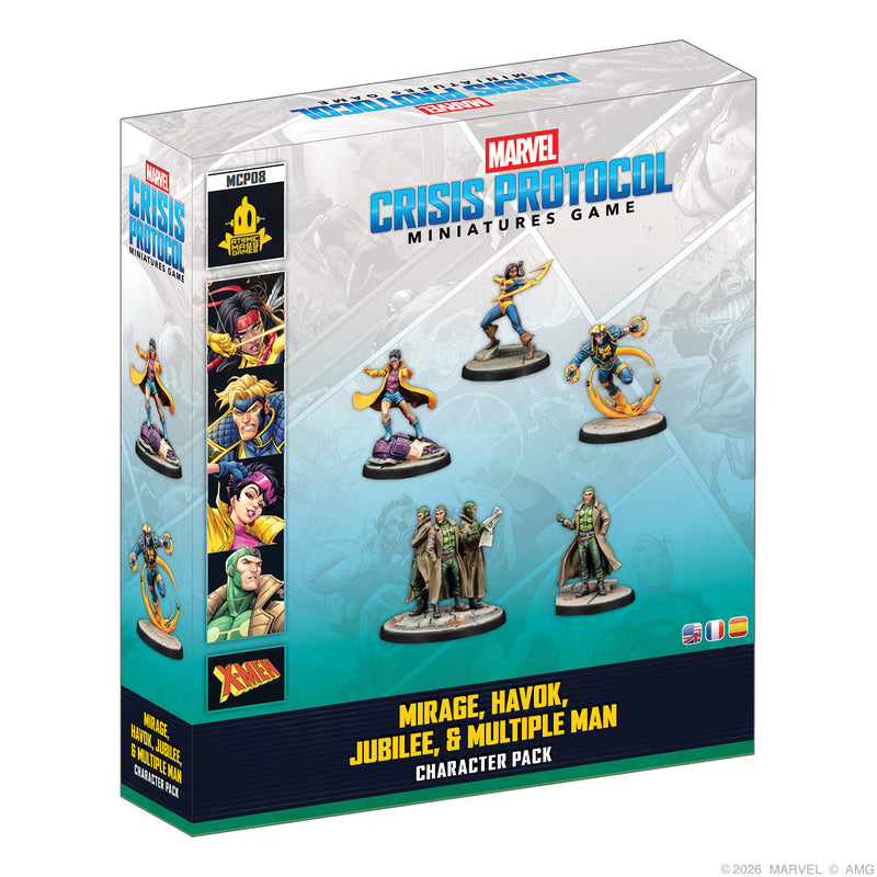 Load image into Gallery viewer, Marvel Crisis Protocol – Mirage, Havok, Jubilee &amp; Multiple Man - Front of packaging with images of Mirage, Havok, Jubilee, and Multiple Man miniatures.
