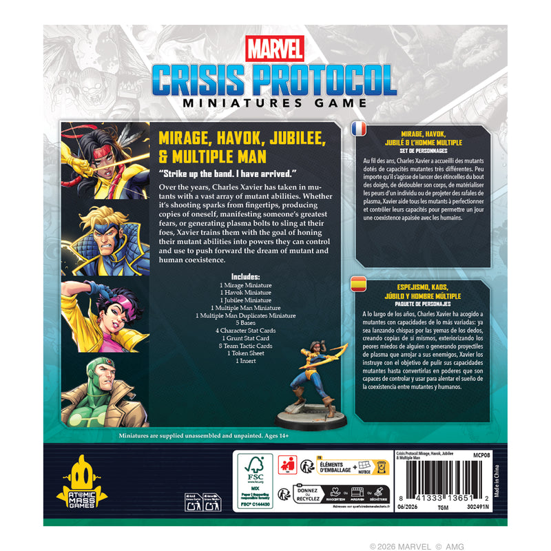 Load image into Gallery viewer, Marvel Crisis Protocol – Mirage, Havok, Jubilee &amp; Multiple Man - Back of packaging with game overview, contents list, and image of Mirage miniature. 
