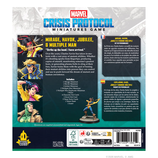 Marvel Crisis Protocol – Mirage, Havok, Jubilee & Multiple Man - Back of packaging with game overview, contents list, and image of Mirage miniature. 