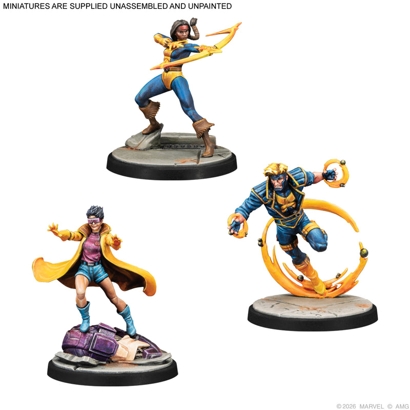 Load image into Gallery viewer, Marvel Crisis Protocol – Mirage, Havok, Jubilee &amp; Multiple Man - Painted Mirage, Havok, and Jubilee miniatures displayed with note that miniatures are supplied unassembled and unpainted. 
