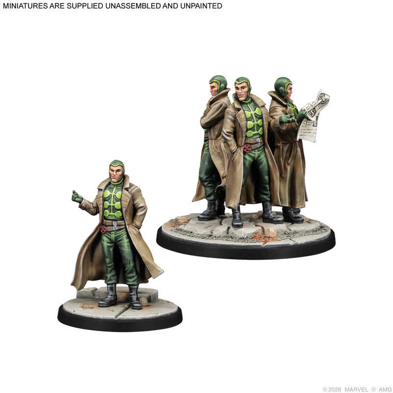 Load image into Gallery viewer, Marvel Crisis Protocol – Mirage, Havok, Jubilee &amp; Multiple Man - Painted Multiple Man and Multiple Man Duplicate miniatures displayed with note that miniatures are supplied unassembled and unpainted. 

