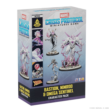 Marvel: Crisis Protocol – Bastion, Nimrod & Omega Sentinel - front of box featuring art of Bastion, Nimrod, and Omega Sentinel. 