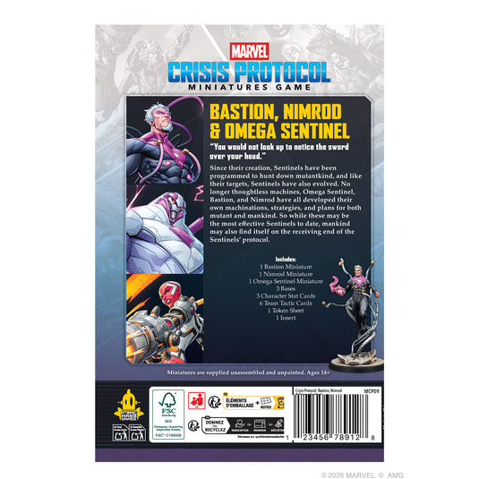 Marvel: Crisis Protocol – Bastion, Nimrod & Omega Sentinel - back of box with overview and contents list.