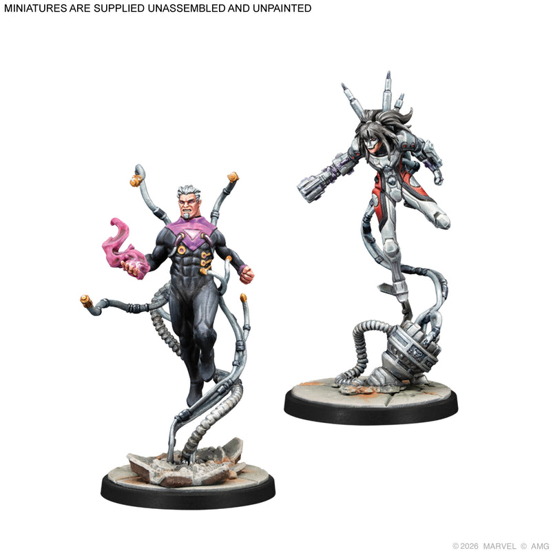 Load image into Gallery viewer, Marvel: Crisis Protocol – Bastion, Nimrod &amp; Omega Sentinel - Bastion and Omega Sentinel miniatures with note that miniatures are supplied unassembled and unpainted. 

