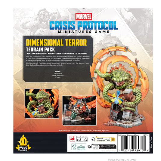 Marvel: Crisis Protocol - Dimensional Terror Terrain Pack - back of box with overview, contents list, and image of included miniature. 