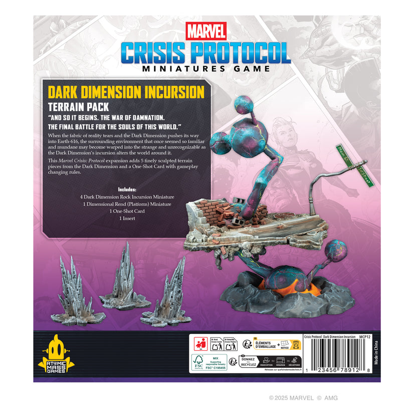 Load image into Gallery viewer, Marvel: Crisis Protocol - Dark Dimension Incursion Terrain Pack - back of box with overview, contents list, and images of dimension rock and dimensional rend miniatures. 
