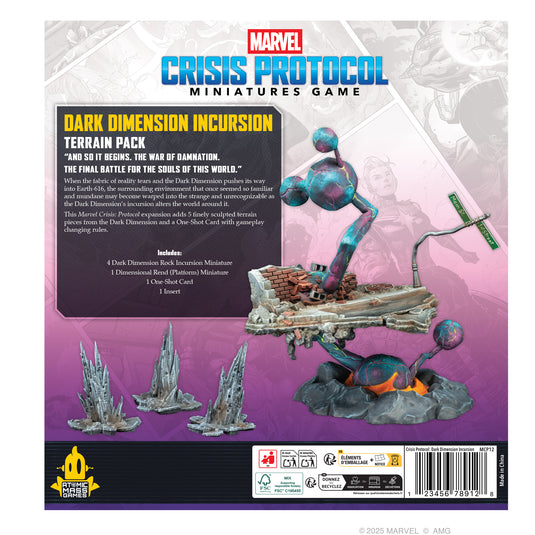 Marvel: Crisis Protocol - Dark Dimension Incursion Terrain Pack - back of box with overview, contents list, and images of dimension rock and dimensional rend miniatures. 