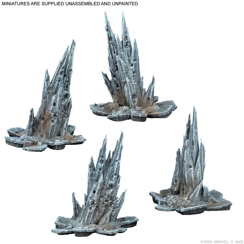 Load image into Gallery viewer, Marvel: Crisis Protocol - Dark Dimension Incursion Terrain Pack - four Dimension Rock miniatures displayed. Note states miniatures are supplied unassembled and unpainted.

