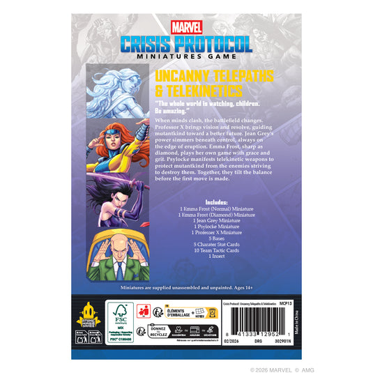 Marvel: Crisis Protocol - Uncanny Telepaths & Telekinetics - Back of packaging with overview, contents list, and barcode. 
