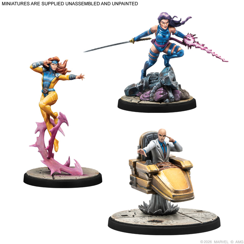 Load image into Gallery viewer, Marvel: Crisis Protocol - Uncanny Telepaths &amp; Telekinetics - Three miniatures displayed including Jean Gray and Professor X miniatures with note that miniatures are supplied unassembled and unpainted. 
