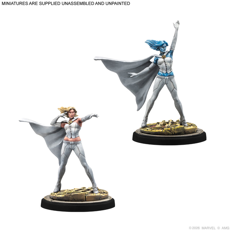 Load image into Gallery viewer, Marvel: Crisis Protocol - Uncanny Telepaths &amp; Telekinetics - Two Emma Frost miniatures displayed with note that miniatures are supplied unassembled and unpainted. 
