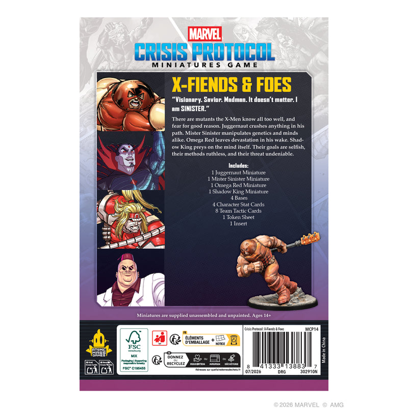 Load image into Gallery viewer, Marvel Crisis Protocol – X-Fiends &amp; Foes Character Pack - Back of box with description, contents list, and image of Juggernaut miniature.
