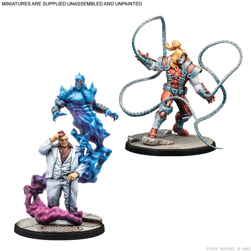 Load image into Gallery viewer, Marvel Crisis Protocol – X-Fiends &amp; Foes Character Pack - View of painted and assembled Omega Red and Shadow King miniatures with note that miniatures are supplied unassembled and unpainted. 
