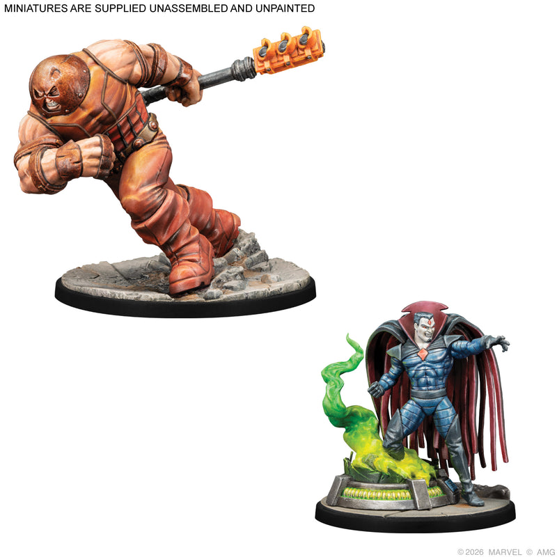 Load image into Gallery viewer, Marvel Crisis Protocol – X-Fiends &amp; Foes Character Pack - View of assembled and painted Juggernaut and Mister Sinister miniatures with note that miniatures are supplied unassembled and unpainted. 

