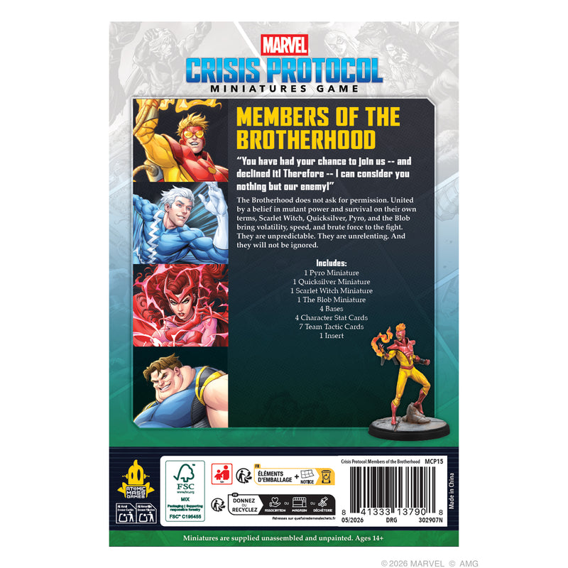 Load image into Gallery viewer, Marvel: Crisis Protocol – Members of the Brotherhood - Back of box with overview, contents list, and barcode. 
